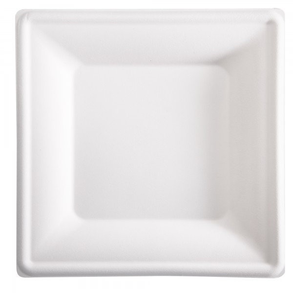Piatto piano monouso - quadrato - 26 x 26 cm - canna da zucchero - bianco - Signor Bio - conf. 50 pezzi