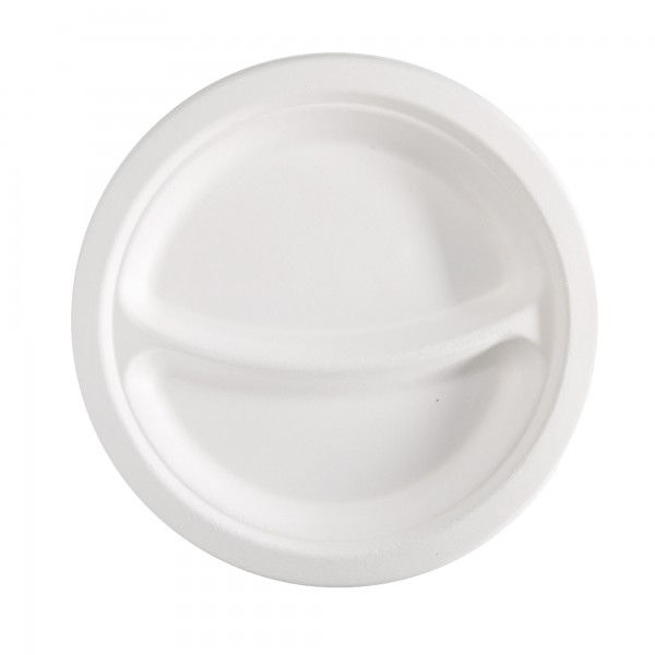 Piatto piano a 2 scomparti monouso - rotondo - diametro 23 cm - canna da zucchero - bianco - Signor Bio - conf. 50 pezzi Piatto piano a 2 scomparti monouso - rotondo - diametro 23 cm - canna da zucchero - bianco - Signor Bio - conf. 50 pezzi