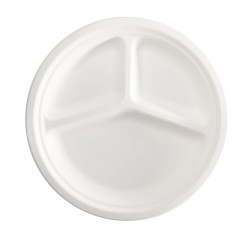 Piatto piano a 3 scomparti monouso - rotondo - diametro 26 cm - canna da zucchero - bianco - Signor Bio - conf. 50 pezzi