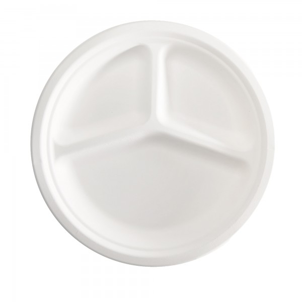 Piatto piano a 3 scomparti monouso - rotondo - diametro 26 cm - canna da zucchero - bianco - Signor Bio - conf. 50 pezzi