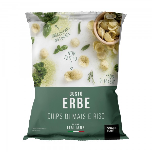 Chips di mais e riso alle erbe mediterranee - 70 gr - Snack Italy Chips di mais e riso alle erbe mediterranee - 70 gr - Snack Italy