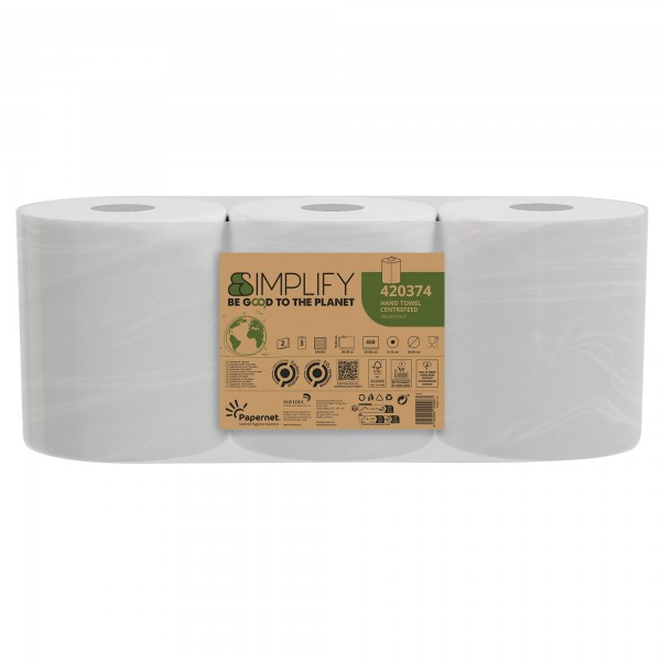 Asciugamani in rotolo Centrefeed Simplify - 19,6 cm x 90 m - diametro 18,5 cm - 17 gr - 450 strappi - 2 veli - bianco - Papernet