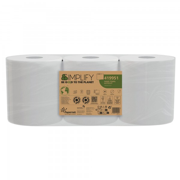 Asciugamani in rotolo Autocut Simplify - 19,6 cm x 130 m - diametro 18,5 cm - 19,5 gr - 2 veli - bianco - Papernet