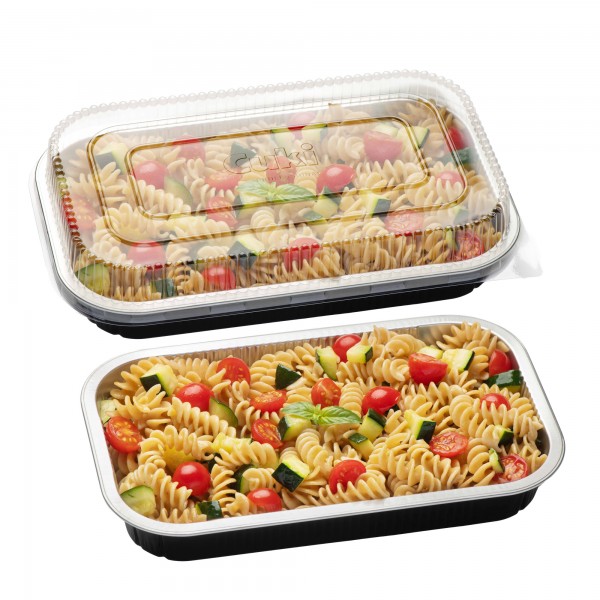 Contenitore alluminio stirato - c/coperchio R-PET - 4 porzioni - 26,5 x 16,2 x 3,7 cm - Cuki Professional - conf. 25 pezzi Contenitore alluminio stirato - c/coperchio R-PET - 4 porzioni - 26,5 x 16,2 x 3,7 cm - Cuki Professional - conf. 25 pezzi