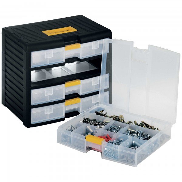 Cassettiera portautensili modulare - 4 cassetti - con maniglia - 39,1 x 29 x 33,4 cm - PPL - trasparente/nero - Store-Age