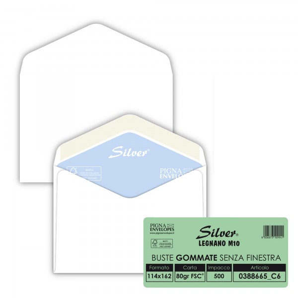 Busta Busta Silver FSC® - senza finestra - gommata - 11,4 x 16,2 cm - 80 gr -  bianco - Pigna - conf. 500 pezzi
