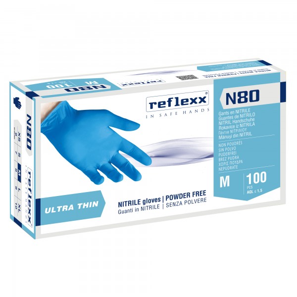 Guanti in nitrile N80 - ultrasottili - taglia M - azzurro - Reflexx - conf. 100 pezzi