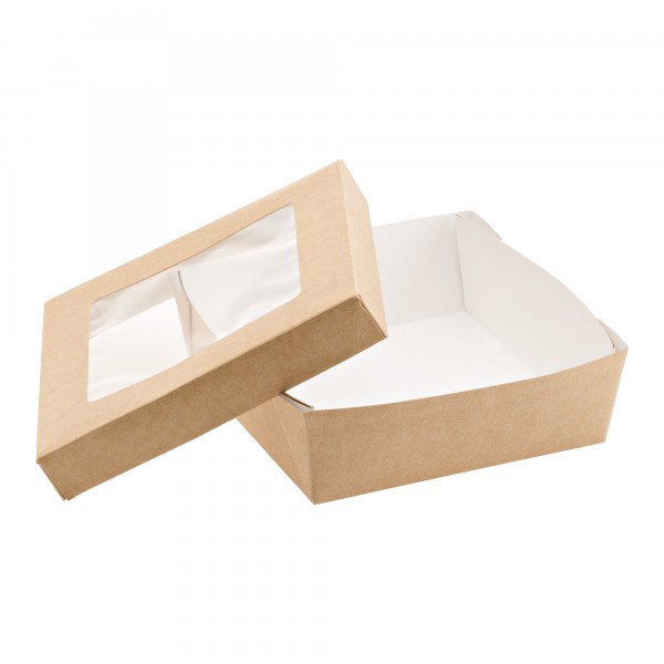 Scatola da asporto - con finestra trasparente - 14 x 14 x 5 cm - carta kraft/PE - avana - Leone - conf. 25 pezzi Scatola da asporto - con finestra trasparente - 14 x 14 x 5 cm - carta kraft/PE - avana - Leone - conf. 25 pezzi