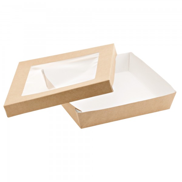 Scatola da asporto - con finestra trasparente - 18 x 18 x 5 cm - carta kraft/PE - avana - Leone - conf. 20 pezzi Scatola da asporto - con finestra trasparente - 18 x 18 x 5 cm - carta kraft/PE - avana - Leone - conf. 20 pezzi