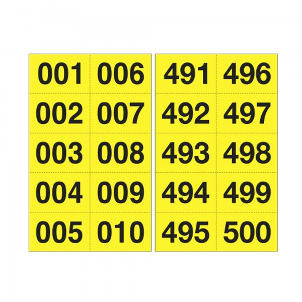 Numero adesivo da 001 a 500 - 45 x 24 mm - 10 et/fg - 50 fogli - nero/giallo