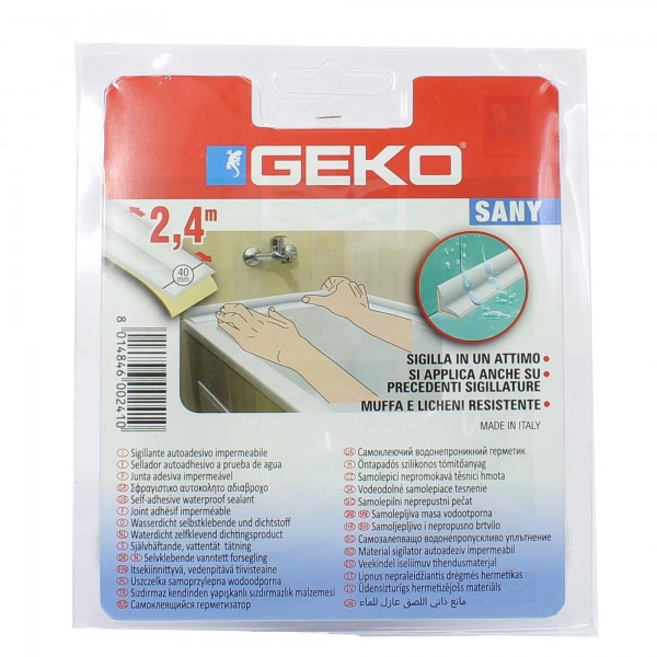 Sigillante adesivo SANY - per doccia e lavabi - 4 cm x 2,4 m - PE - bianco - Geko Sigillante adesivo SANY - per doccia e lavabi - 4 cm x 2,4 m - PE - bianco - Geko