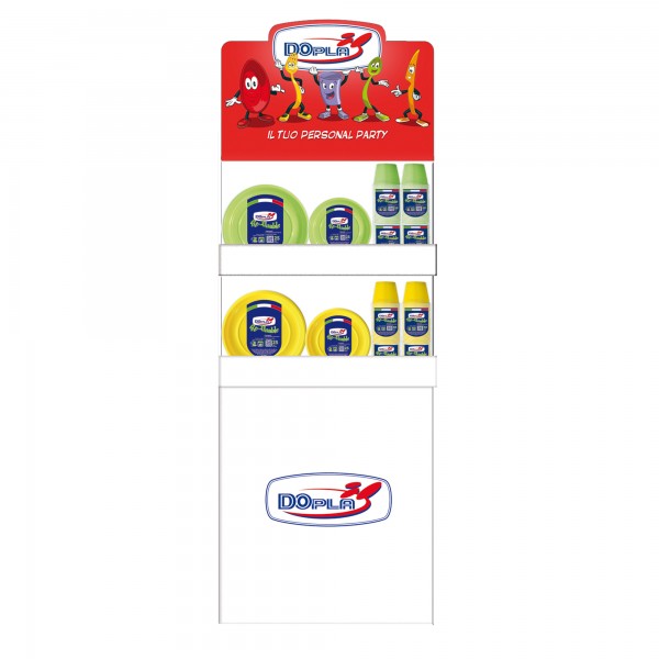 Espositore da terra Mini - con piatti e bicchieri Reuse - giallo/verde - Dopla Espositore da terra Mini - con piatti e bicchieri Reuse - giallo/verde - Dopla