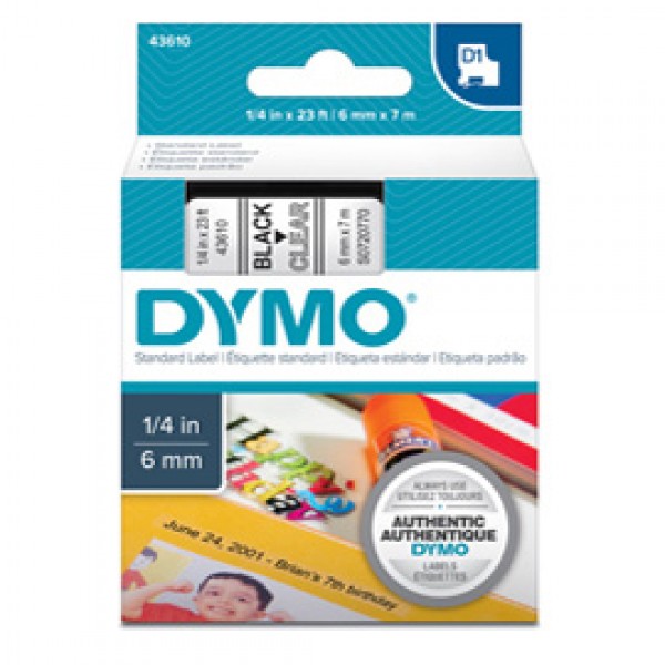 Nastro D1 436100 - 6 mm x 7 mt - nero/trasparente - Dymo Nastro D1 436100 - 6 mm x 7 mt - nero/trasparente - Dymo