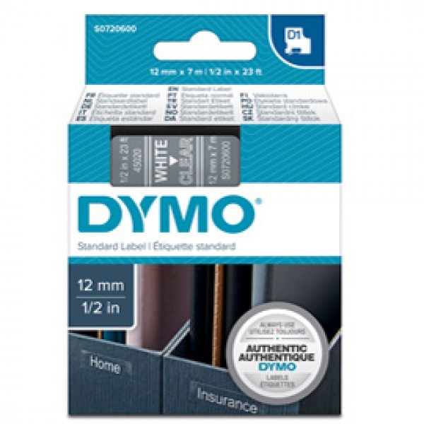 Nastro D1 450200 - 12 mm x 7 mt - bianco/trasparente - Dymo Nastro D1 450200 - 12 mm x 7 mt - bianco/trasparente - Dymo