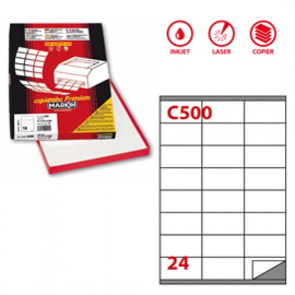 Etichetta adesiva C500 - permanente - 70x36 mm - 24 etichette per foglio - bianco - Markin - scatola 100 fogli A4
