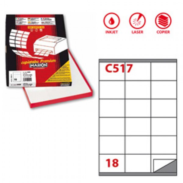 Etichetta adesiva C517 - permanente - 70x48 mm - 18 etichette per foglio - bianco - Markin - scatola 100 fogli A4 Etichetta adesiva C517 - permanente - 70x48 mm - 18 etichette per foglio - bianco - Markin - scatola 100 fogli A4