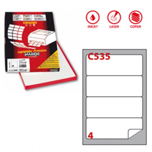 Etichetta adesiva C535 - permanente - c/angoli arrotondati - 190x61 mm - 4 etichette per foglio - bianco - Markin - scatola 100 fogli A4