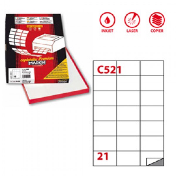 Etichetta adesiva C521 - permanente - 70x42,43 mm - 21 etichette per foglio - bianco - Markin - scatola 100 fogli A4