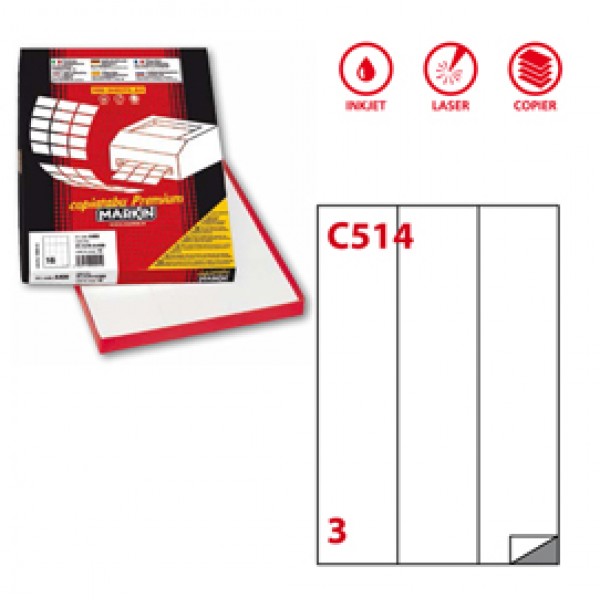 Etichetta adesiva C514 - permanente - 70x297 mm - 3 etichette per foglio - bianco - Markin - scatola 100 fogli A4