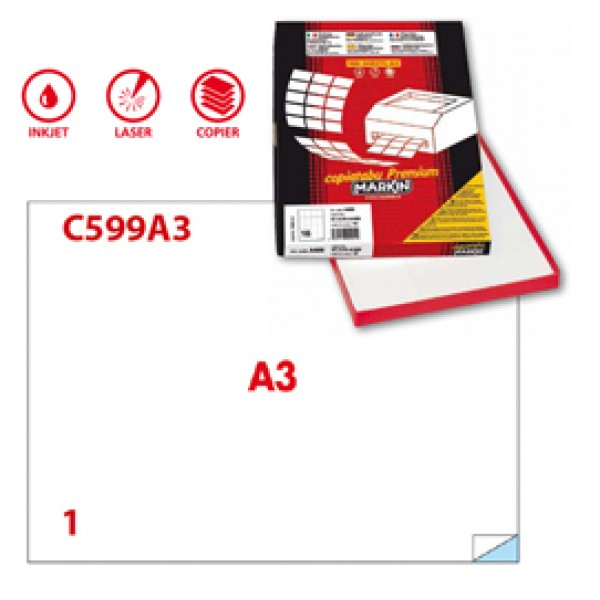 Etichetta adesiva C599 - permanente - 420x297 mm - 1 etichetta per foglio - bianco - Markin - scatola 100 fogli A3