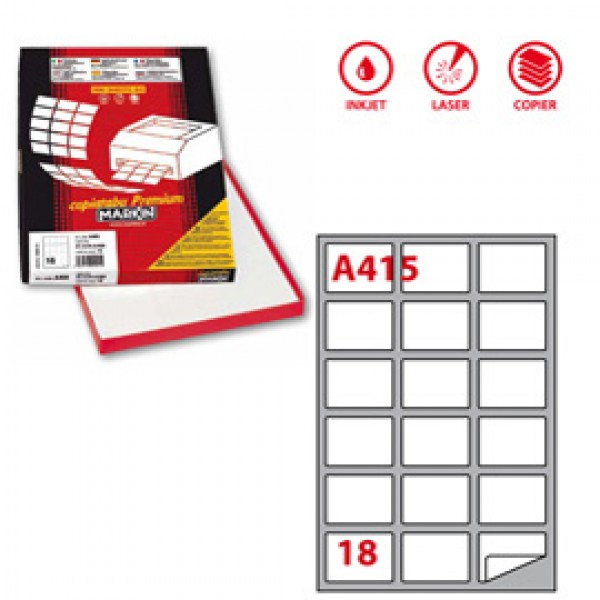 Etichetta adesiva A415 - permanente - 63,5x46,6 mm - 18 etichette per foglio - bianco - Markin - scatola 100 fogli A4
