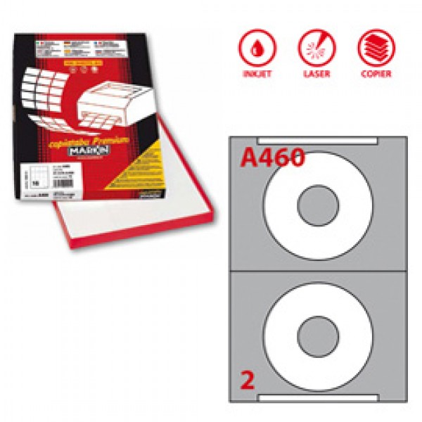 Etichetta adesiva A460 per CD - permanente - diametro CD 114,5 mm - foro 41 mm - 2 etichette per foglio - bianco - Markin - scatola 100 fogli A4
