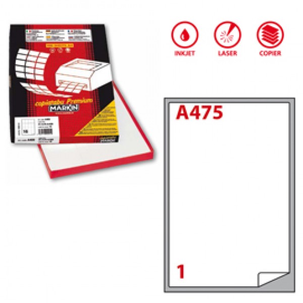 Etichetta adesiva A475 - permanente - 199,6x289,1 mm - 1 etichetta per foglio - bianco - Markin - scatola 100 fogli A4