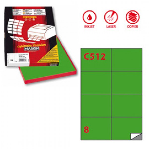 Etichetta adesiva C512 - permanente - 105x74,25 mm - 8 etichette per foglio - verde - Markin - scatola 100 fogli A4