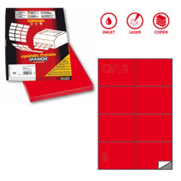 Etichetta adesiva C512- permanente - 105x74,25 mm - 8 etichette per foglio - rosso - Markin - scatola 100 fogli A4