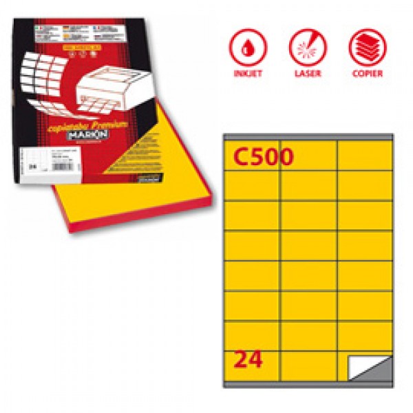 Etichetta adesiva C500 - permanente - 70x36 mm - 24 etichette per foglio - giallo - Markin - scatola 100 fogli A4