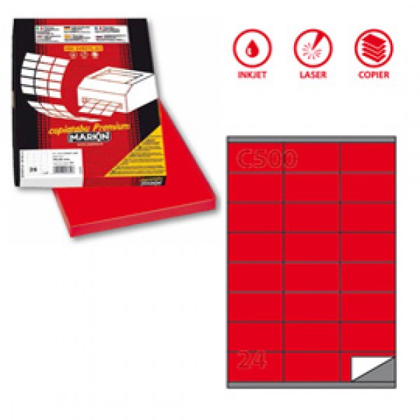 Etichetta adesiva C500 - permanente - 70x36 mm - 24 etichette per foglio - rosso - Markin - scatola 100 fogli A4