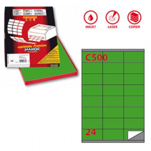Etichetta adesiva C500 - permanente - 70x36 mm - 24 etichette per foglio - verde - Markin - scatola 100 fogli A4