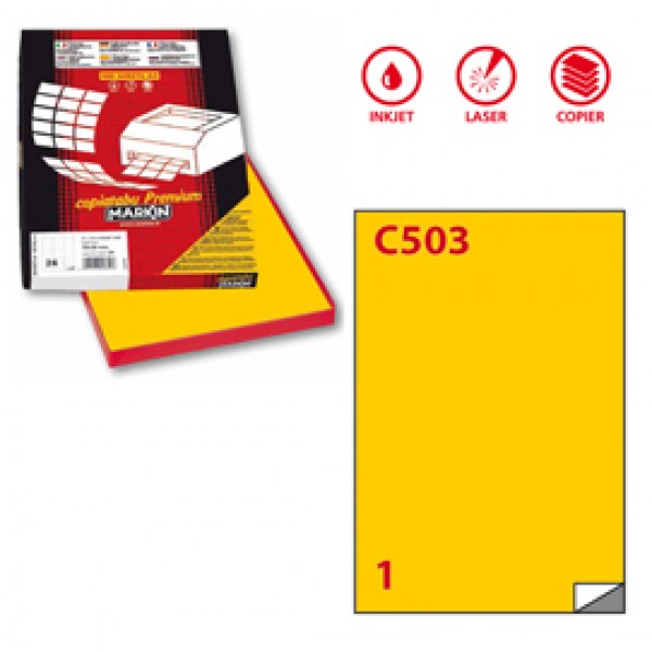 Etichetta adesiva C503 - permanente - 210x297 mm - 1 etichetta per foglio - giallo - Markin - scatola 100 fogli A4