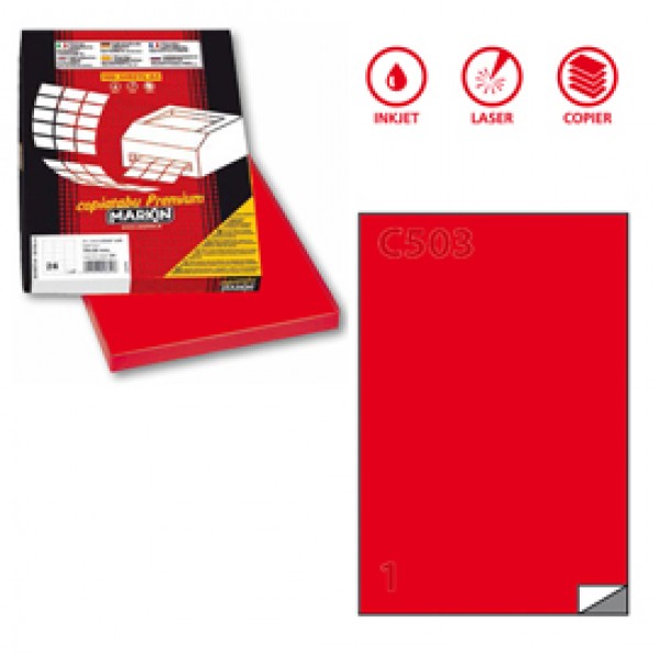Etichetta adesiva C503 - permanente - 210x297 mm - 1 etichetta per foglio - rosso - Markin - scatola 100 fogli A4