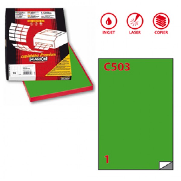 Etichetta adesiva C503 - permanente - 210x297 mm - 1 etichetta per foglio - verde - Markin - scatola 100 fogli A4