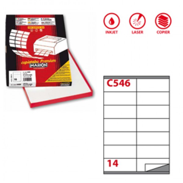 Etichetta adesiva C546 - permanente - 105x40 mm - 14 etichette per foglio - bianco - Markin - scatola 100 fogli A4 Etichetta adesiva C546 - permanente - 105x40 mm - 14 etichette per foglio - bianco - Markin - scatola 100 fogli A4