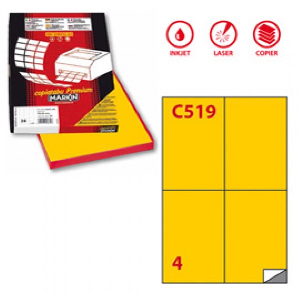 Etichetta adesiva C519 - permanente - 105 x148,5 mm - 4 etichette per foglio - giallo - Markin - scatola 100 fogli A4