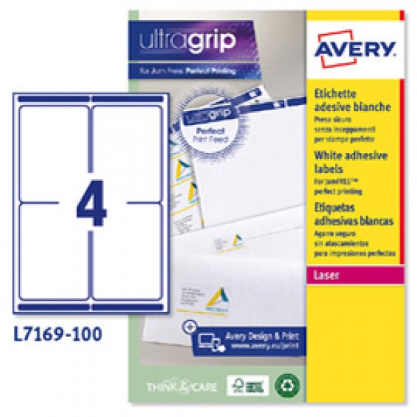 Etichetta adesiva L7169 - permanente - 99,1x139 mm - 4 etichette per foglio - bianco - Avery - conf. 100 fogli A4