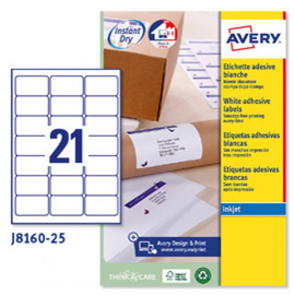 Etichetta adesiva J8160 - permanente - adatta a stampanti inkjet - 63,5x38,1 mm - 21 etichetta per foglio - bianco - Avery - conf. 25 fogli A4 Etichetta adesiva J8160 - permanente - adatta a stampanti inkjet - 63,5x38,1 mm - 21 etichetta per foglio - bianco - Avery - conf. 25 fogli A4