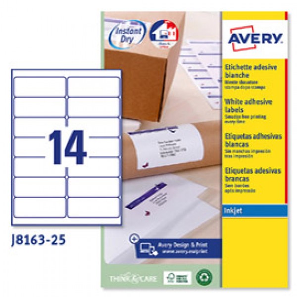 Etichetta adesiva J8163 - permanente - adatta a stampanti inkjet - 99,1x38,1 mm - 14 etichette per foglio - bianco - Avery - conf. 25 fogli A4 Etichetta adesiva J8163 - permanente - adatta a stampanti inkjet - 99,1x38,1 mm - 14 etichette per foglio - bianco - Avery - conf. 25 fogli A4
