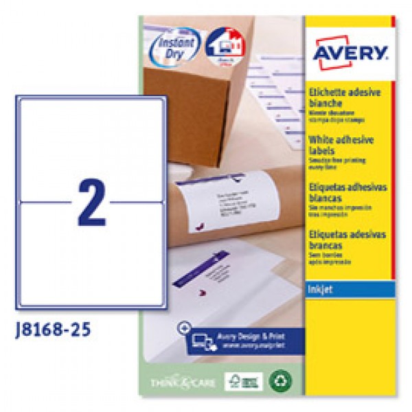 Etichetta adesiva J8168 - permanente - adatta a stampanti inkjet - 199,6x143,5 mm - 2 etichette per foglio - bianco - Avery - conf. 25 fogli A4