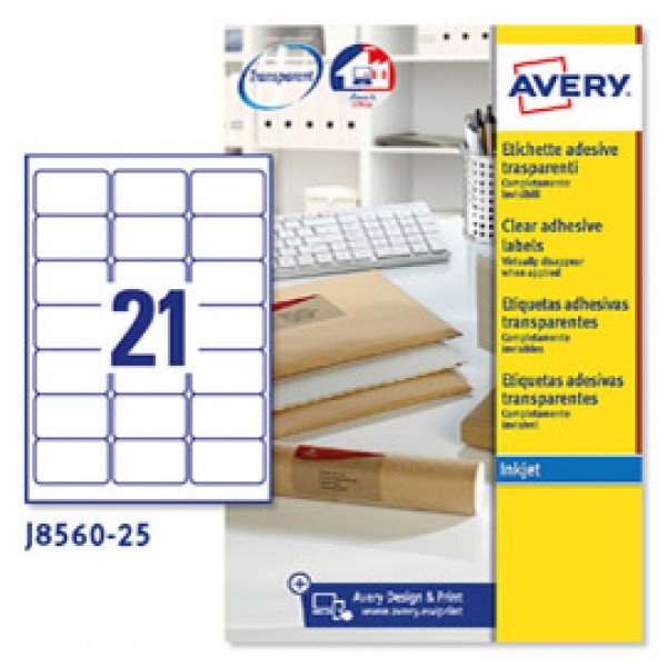 Etichetta in poliestere J8560 - adatta a stampanti inkjet - permamente - 63,5 x 38,1 mm - 21 etichetta per foglio - trasparente - Avery - conf. 25 fogli A4