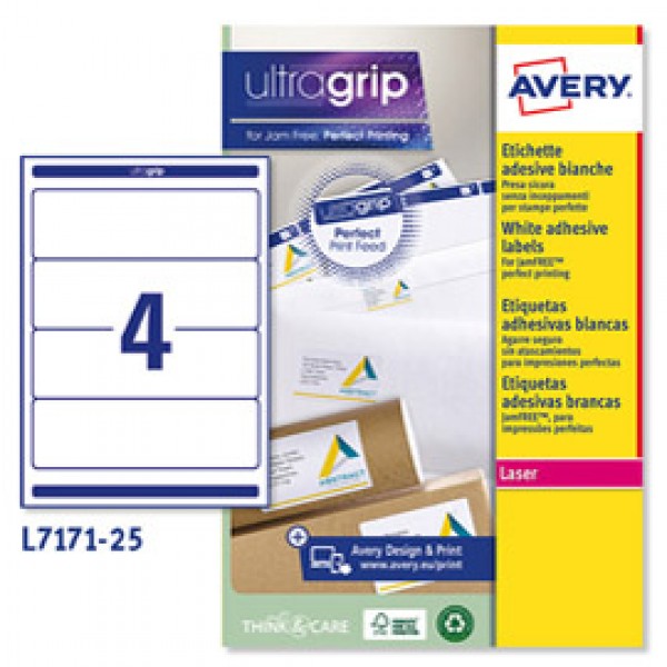 Etichetta adesiva L7171 - permanente - 200x60 mm - 4 etichette per foglio - bianco coprente - Avery - conf. 25 fogli A4