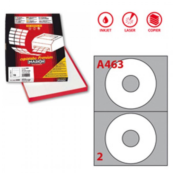 Etichetta adesiva A463 per CD - permanente - diametro CD 117,5 mm - foro 41 mm - 2 etichette per foglio - bianco - Markin - scatola 100 fogli A4