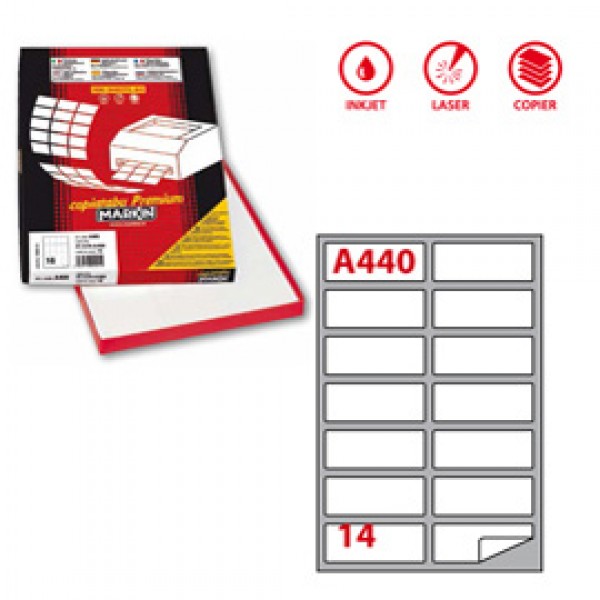 Etichetta adesiva A440 - permanente - 99,1x38,1 mm - 14 etichette per foglio - bianco - Markin - scatola 100 fogli A4