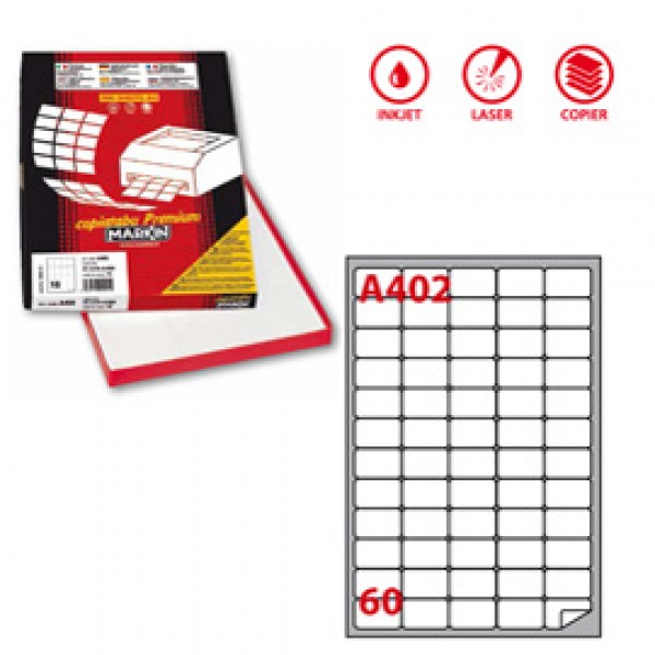 Etichetta adesiva A402 - permanente - 37,5x23,5 mm - 60 etichette per foglio - bianco - Markin - scatola 100 fogli A4