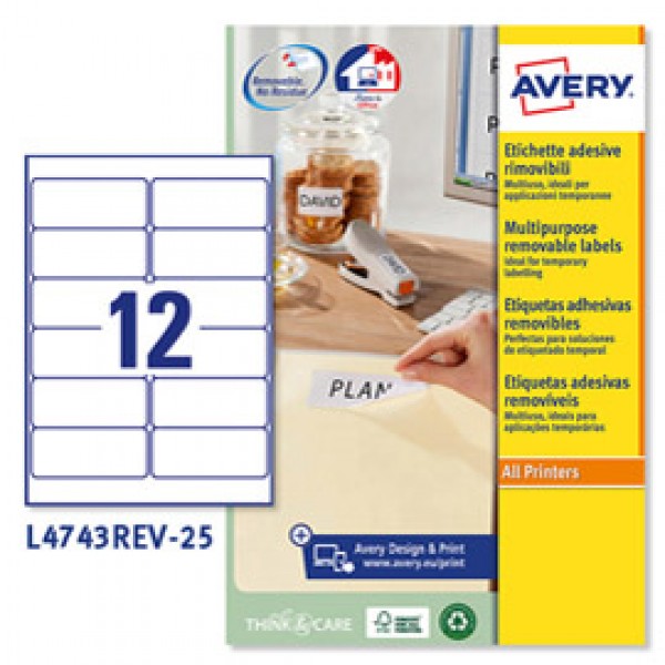 Etichetta adesiva L4743REV - rimovibile - 99,1x42,3 mm - 12 etichette per foglio - bianco - Avery - conf. 25 fogli A4 Etichetta adesiva L4743REV - rimovibile - 99,1x42,3 mm - 12 etichette per foglio - bianco - Avery - conf. 25 fogli A4
