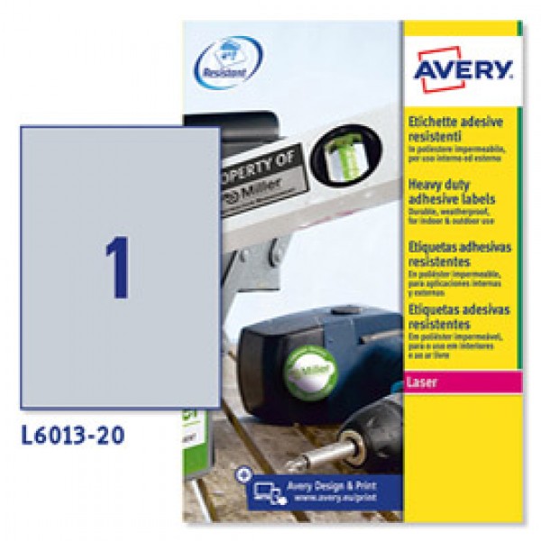 Etichetta in poliestere L6013 - adatta a stampanti laser - permanente - 210x297 mm - 1 etichetta per foglio - argento - Avery - conf. 20 fogli A4