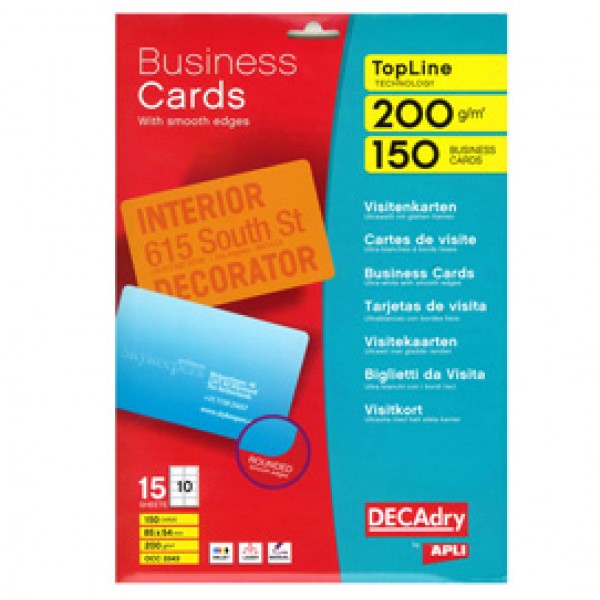 Biglietti da visita - 85 x 54 mm - 200 gr - angoli tondi - bordo liscio - bianco - Decadry - conf. 15 fogli da 10 biglietti Biglietti da visita - 85 x 54 mm - 200 gr - angoli tondi - bordo liscio - bianco - Decadry - conf. 15 fogli da 10 biglietti