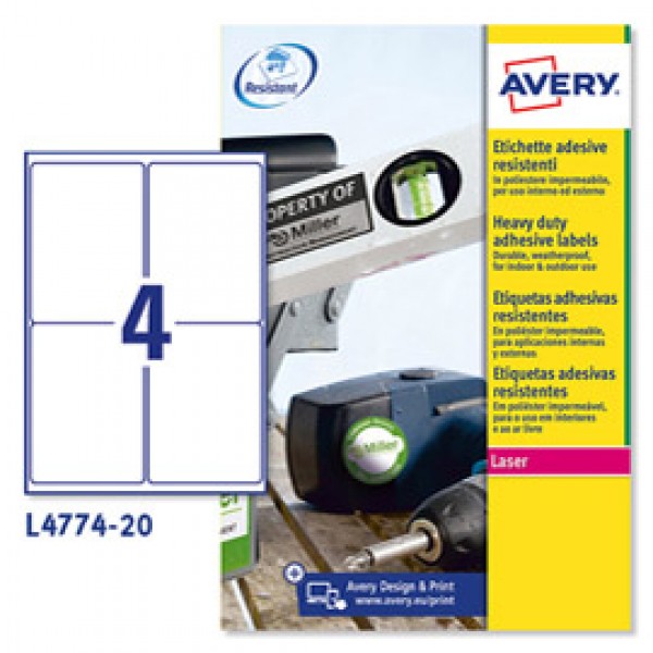 Etichetta in poliestere L4774 - adatta a stampanti laser - permanente - 99,1x139 mm - 4 etichette per foglio - bianco - Avery - conf. 20 fogli A4